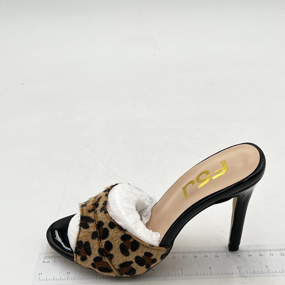 FSJ Leopard Comfort High Heel Sandals Mules Peep Toe Slide Summer Dress Shoes - Picture 2 of 8